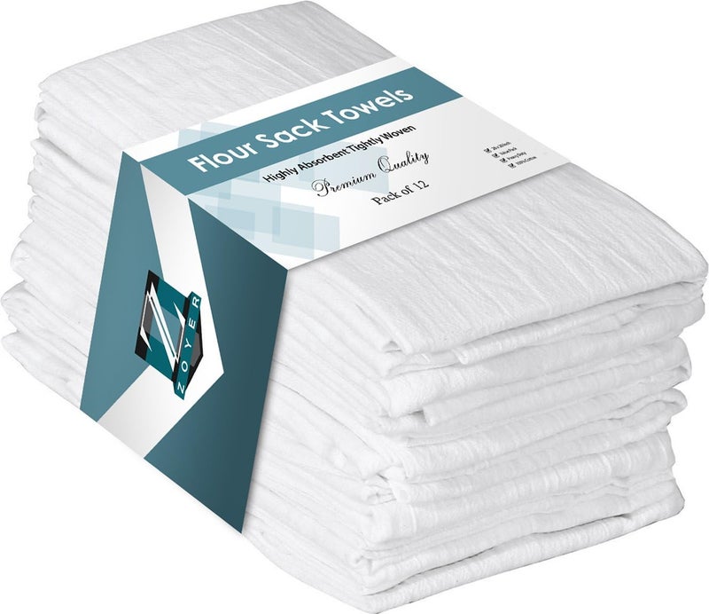 ZOYER منشفة دقيق زوير 28" × 28"، 12 حزمة - 100% قطن - منشفة صحون قابلة للغسل في الغسالة، منشفة بار فائقة الامتصاص، قطعة قماش صحون مثالية لتجفيف الأطباق والتنظيف - مجموعة أقمشة مطبخ - Image 1